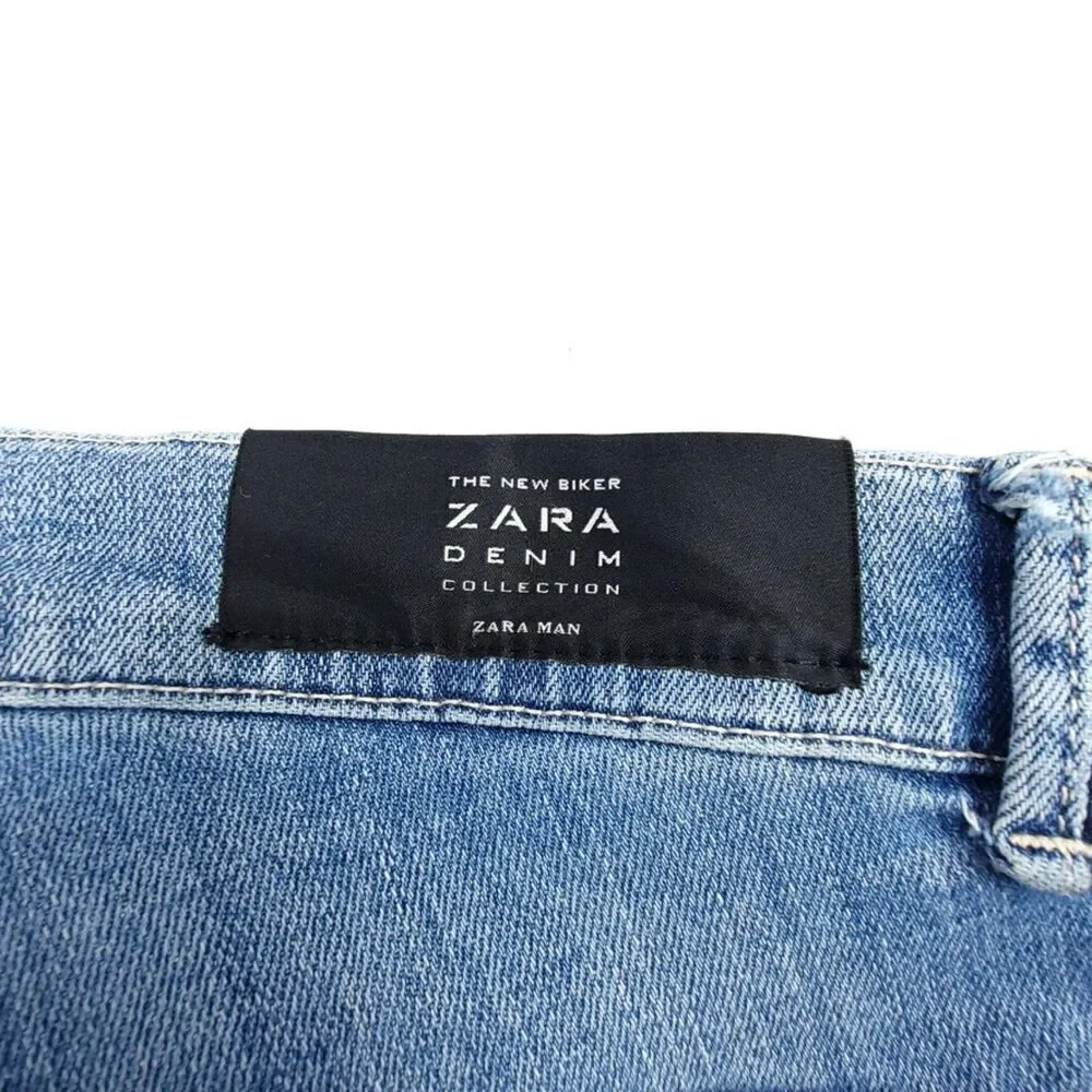 ZARA Man New Biker Moto Ribbed Tailored Skinny Jeans Blue Denim Mens 30 x 32